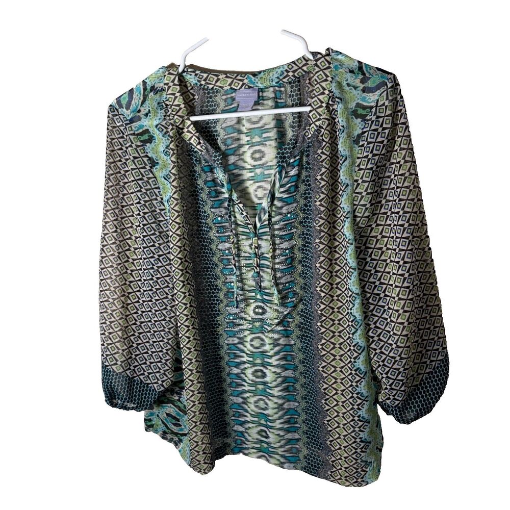 Laura Scott Blouse Women's Large Sheer Lightweight V-Neck 3/4 Sleeve Top Shirt